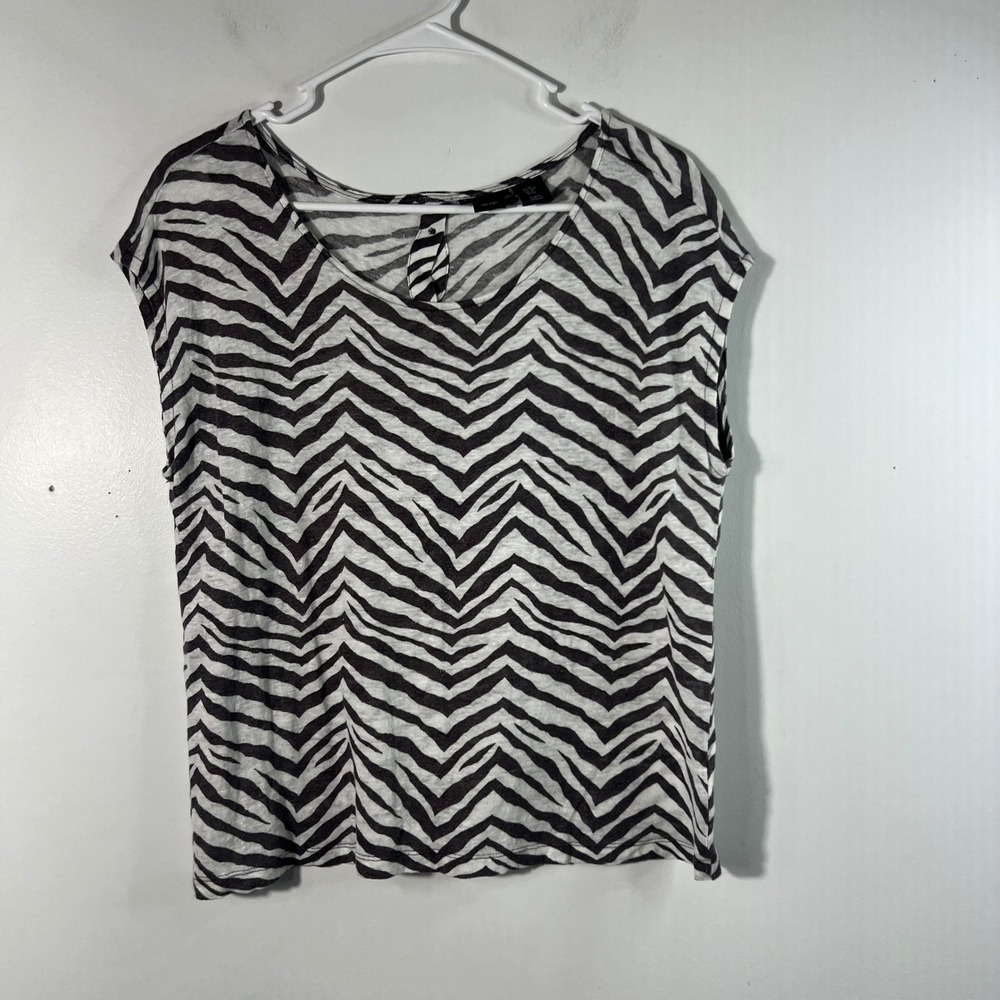 Womens Tahari Zebra Print Linen Tee Shirt M Black White Linen Button Back